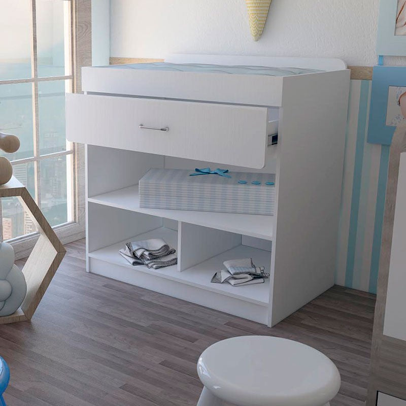 Mueble Cambiador Praga, Blanco, con un cajón multiusos y varios entrepaños