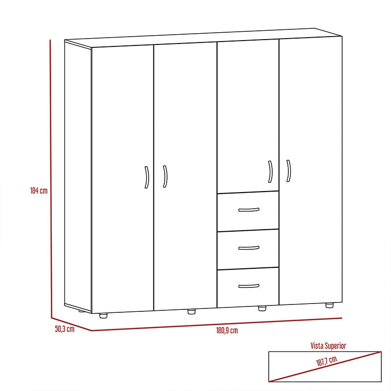 Closet Poche, Wengue, con tres cajones organizadores y cuatro puertas abatibles