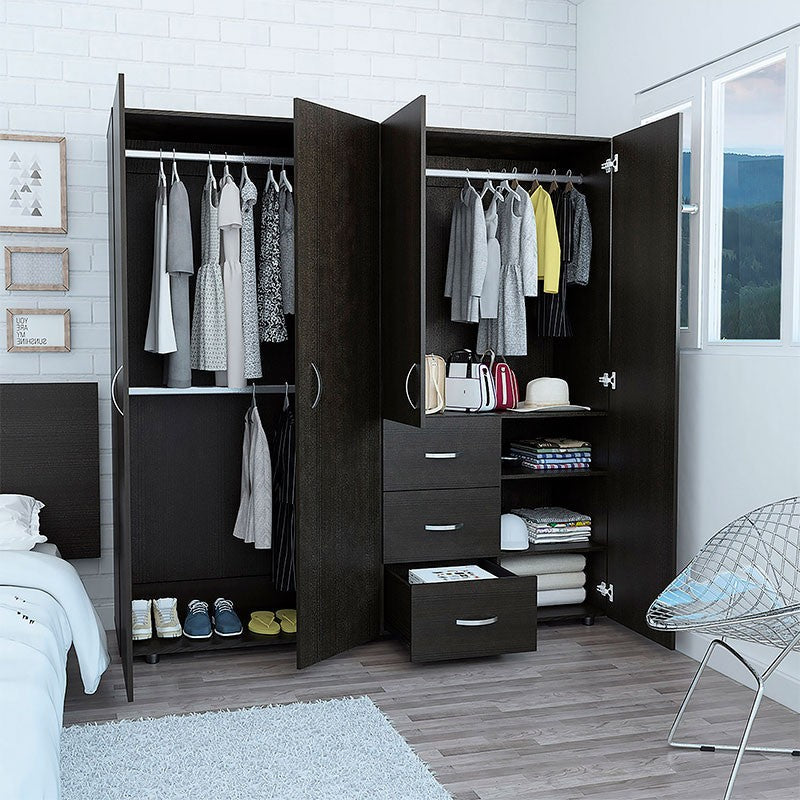 Closet Poche, Wengue, con tres cajones organizadores y cuatro puertas abatibles