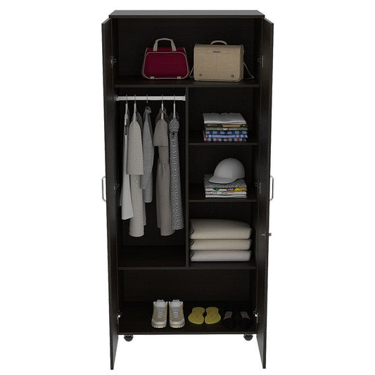 Closet Aikea, Wengue, con variedad de compartimientos  y rodachinas para su fácil desplazamiento